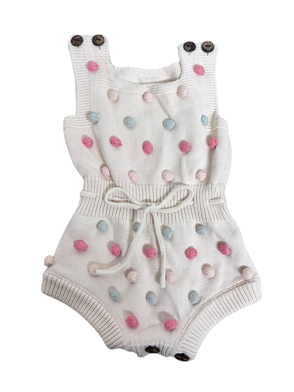 Infant Baby Girl Knit Polka Dot Pom Pom Tank Romper One Piece 3-6 months Summer - Picture 2 of 5